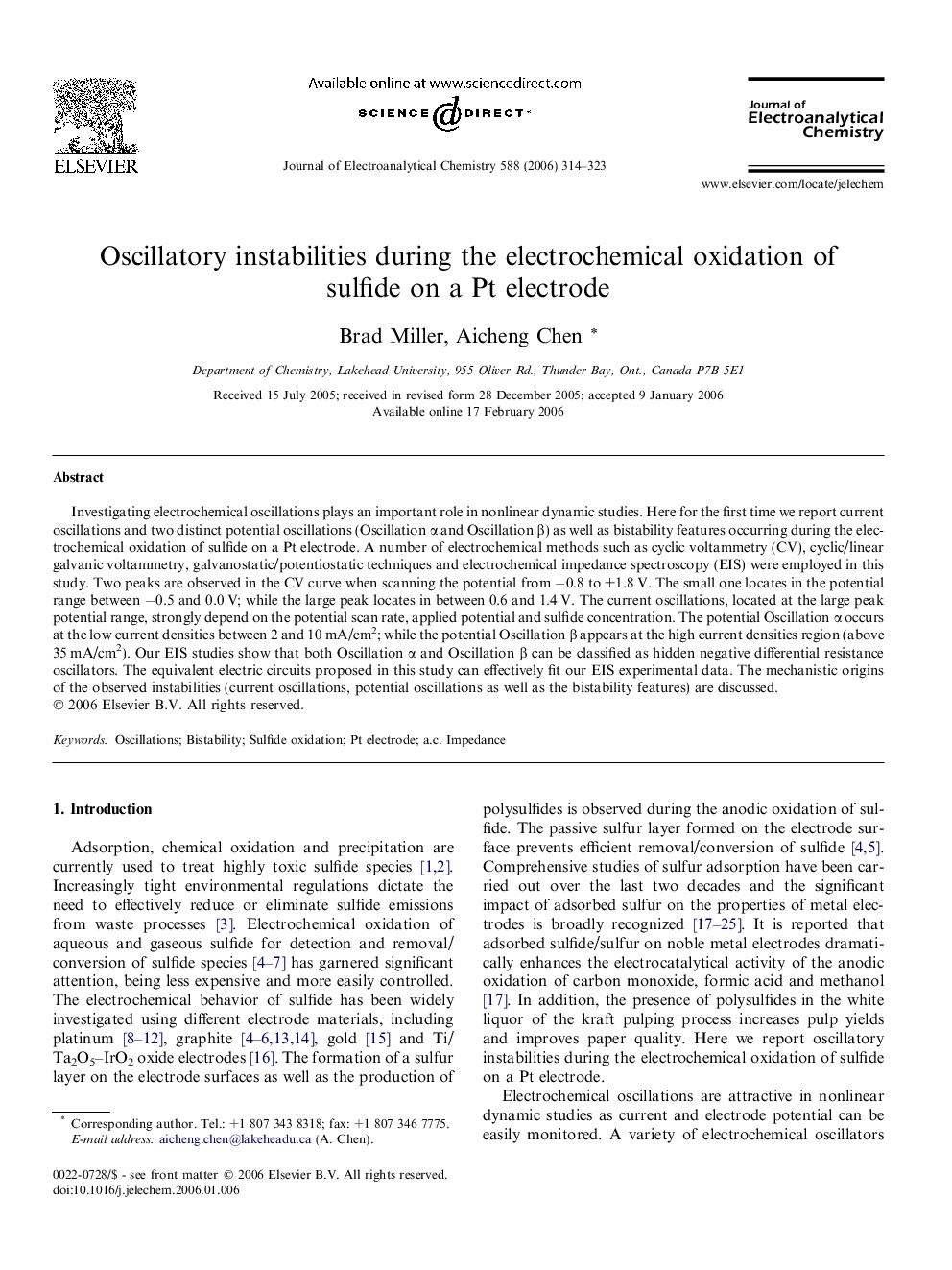 Oscillatory instabilities during the electrochemical oxidation of sulfide on a Pt electrode