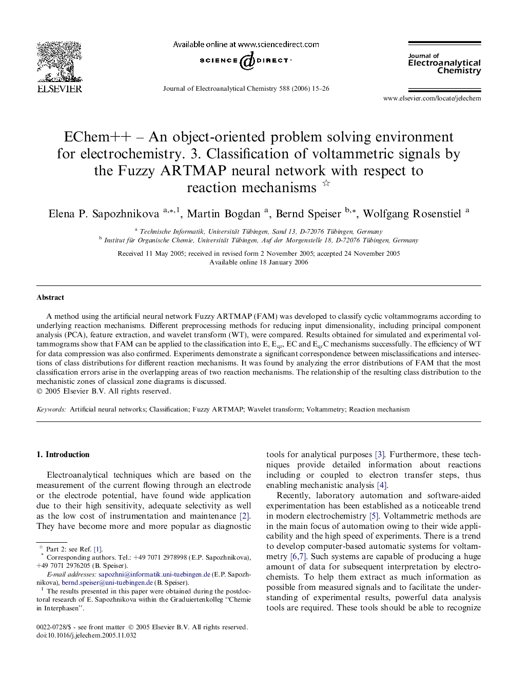 EChem++ – An object-oriented problem solving environment for electrochemistry. 3. Classification of voltammetric signals by the Fuzzy ARTMAP neural network with respect to reaction mechanisms 