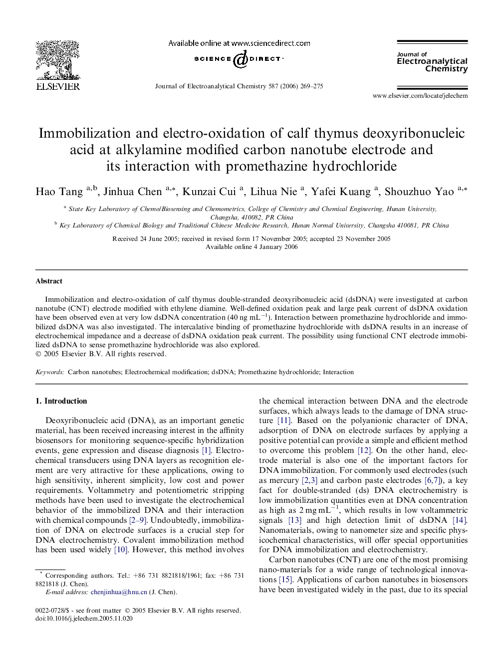 Immobilization and electro-oxidation of calf thymus deoxyribonucleic acid at alkylamine modified carbon nanotube electrode and its interaction with promethazine hydrochloride