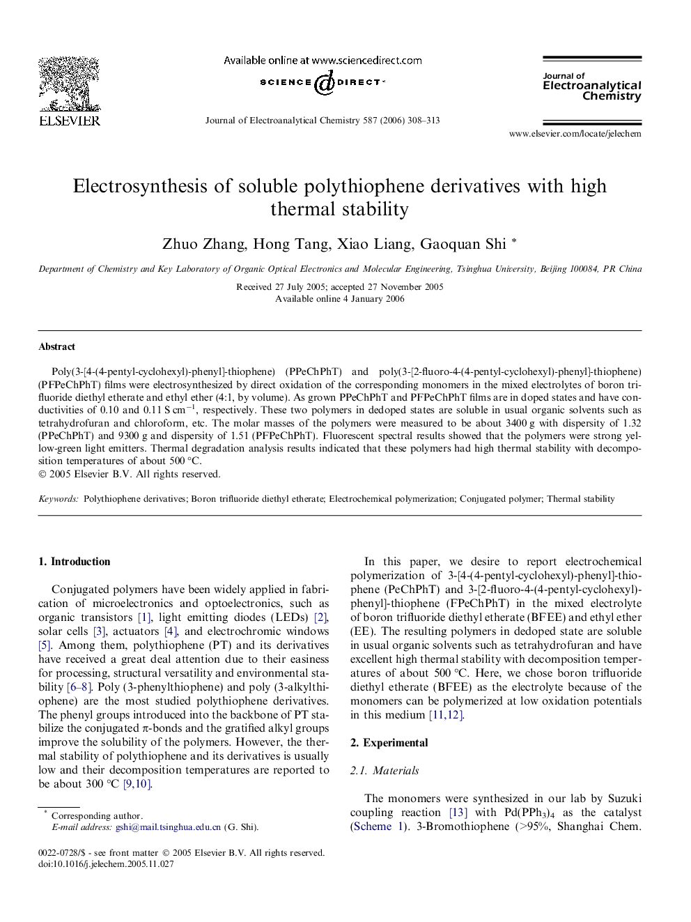 Electrosynthesis of soluble polythiophene derivatives with high thermal stability