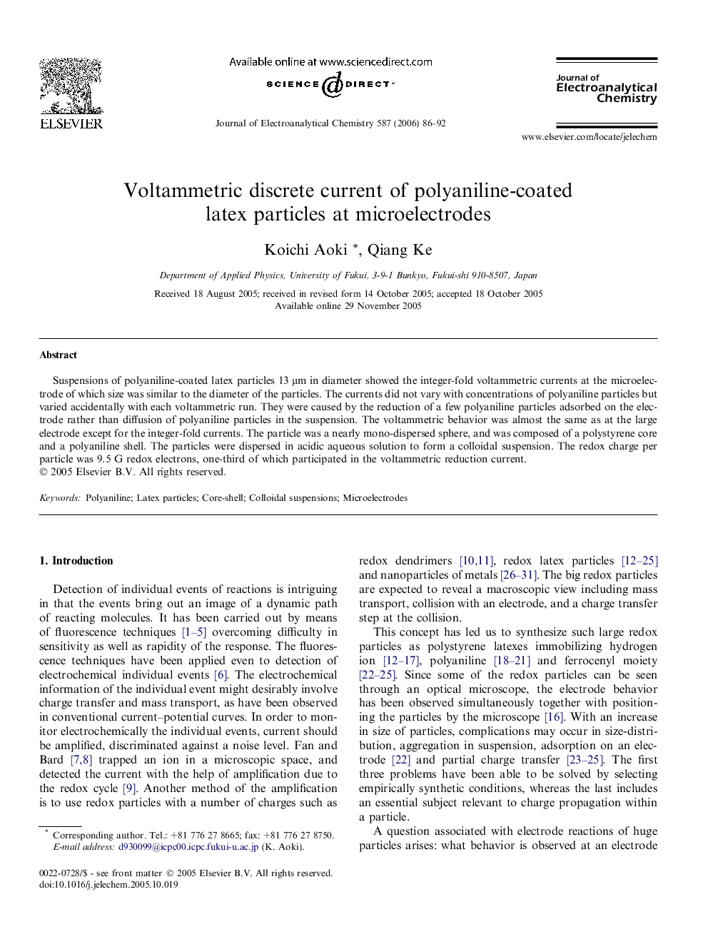 Voltammetric discrete current of polyaniline-coated latex particles at microelectrodes