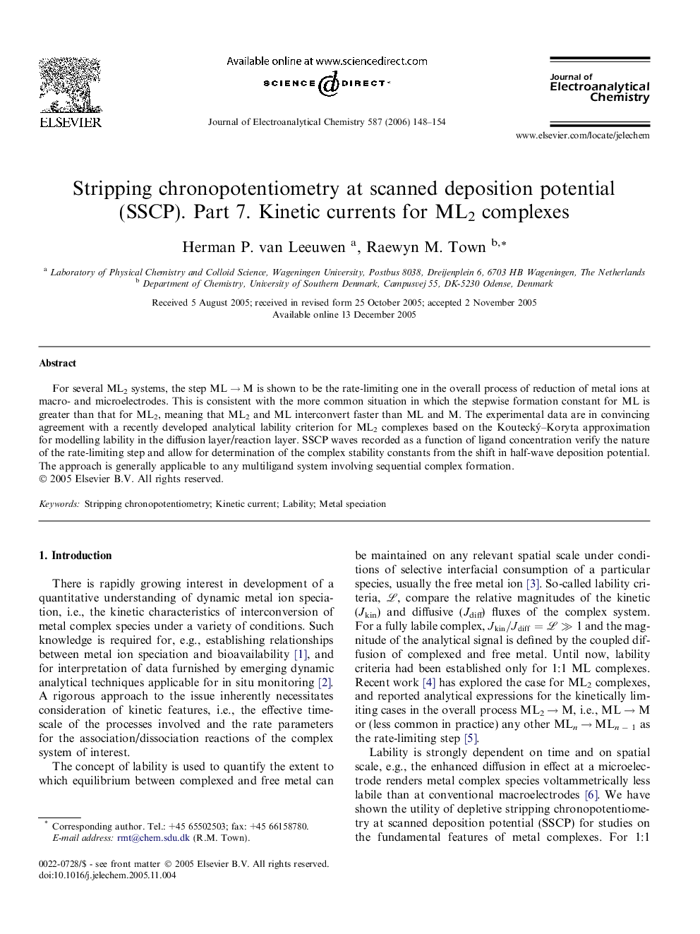 Stripping chronopotentiometry at scanned deposition potential (SSCP). Part 7. Kinetic currents for ML2 complexes