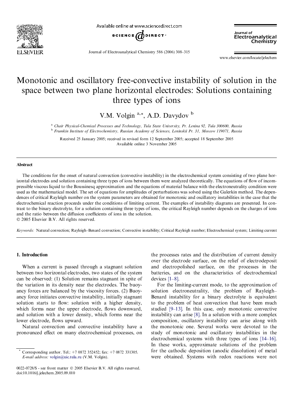 Monotonic and oscillatory free-convective instability of solution in the space between two plane horizontal electrodes: Solutions containing three types of ions