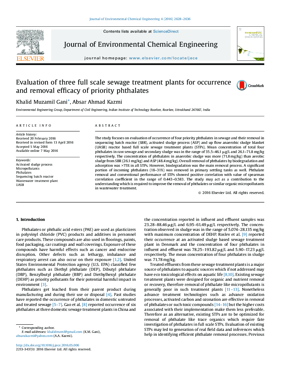 Evaluation of three full scale sewage treatment plants for occurrence and removal efficacy of priority phthalates
