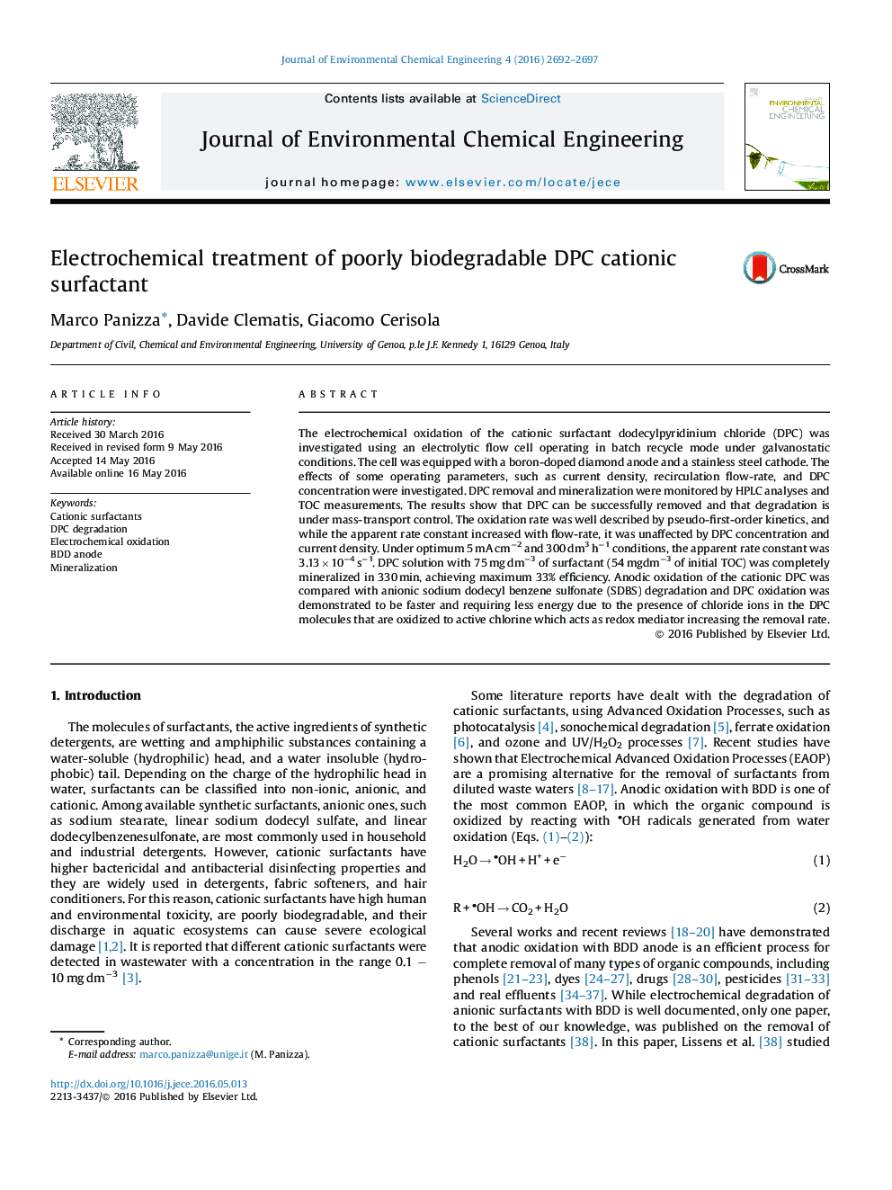 درمان الکتروشیمیایی ضعیف زیست تخریب پذیر DPC سورفاکتانت کاتیونی