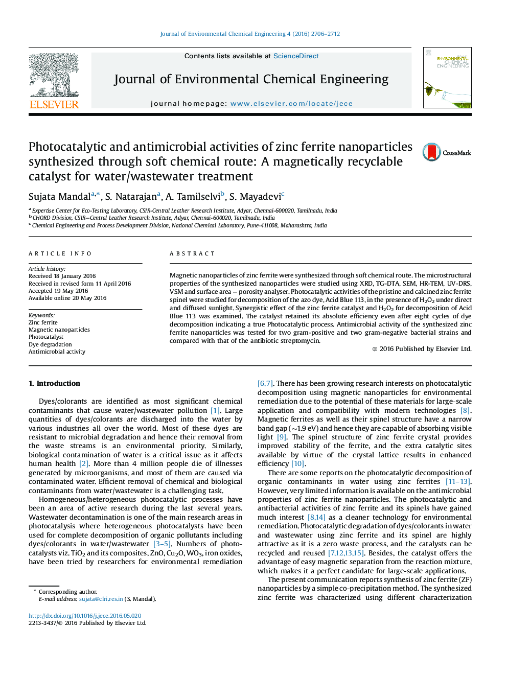 فعالیت فتوکاتالیستی و ضد میکروبی نانوذرات فریت روی سنتز از طریق مسیر شیمیایی نرم: یک کاتالیزور مغناطیسی قابل بازیافت برای تصفیه آب / فاضلاب