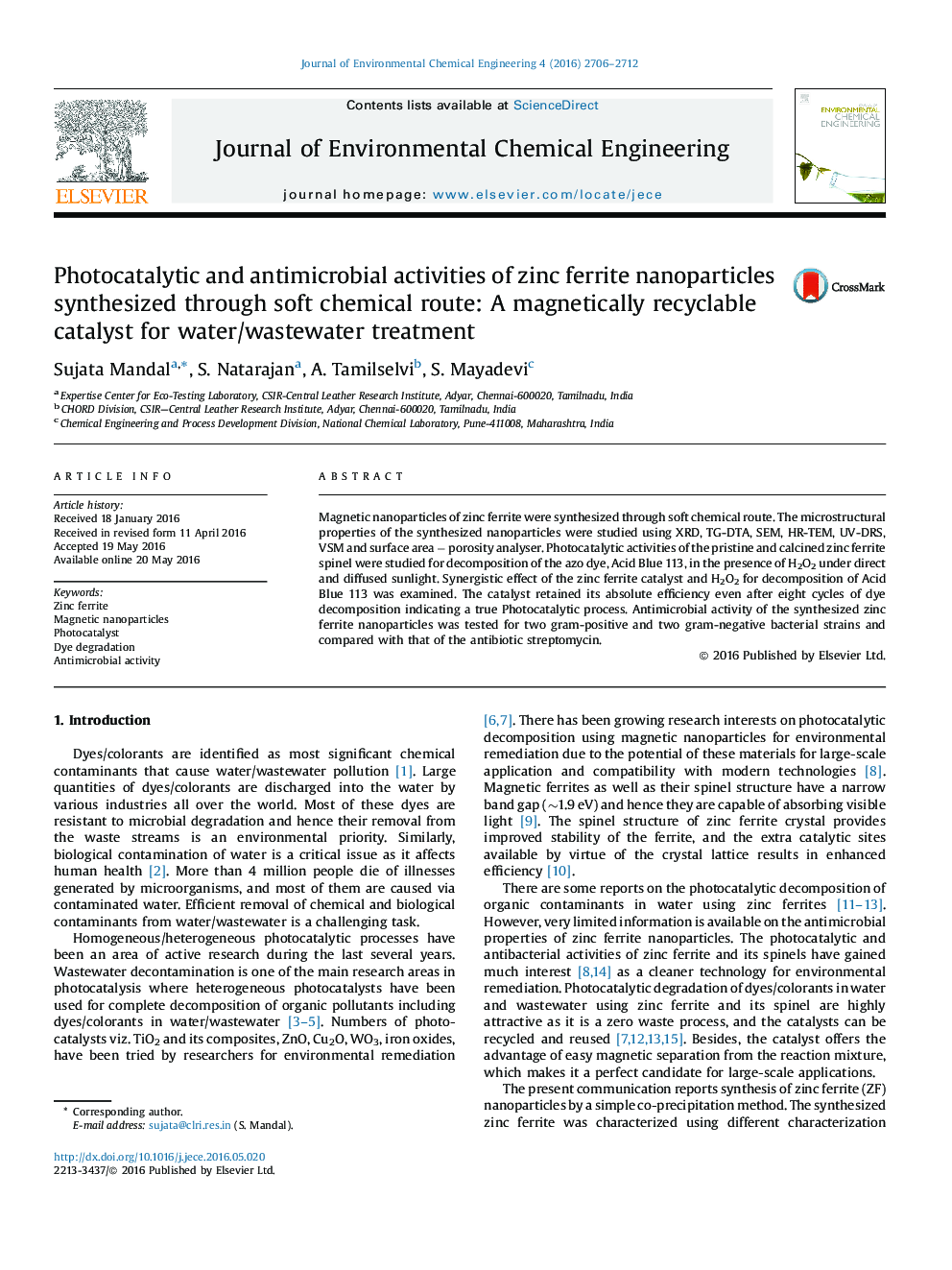 Photocatalytic and antimicrobial activities of zinc ferrite nanoparticles synthesized through soft chemical route: A magnetically recyclable catalyst for water/wastewater treatment