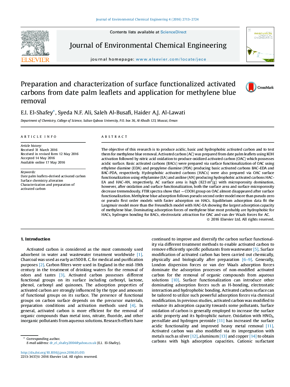 تهیه و بررسی خواص سطح عاملدار کربن فعال از انتاج منشورات خرما و برنامه حذف آبی متیلن 