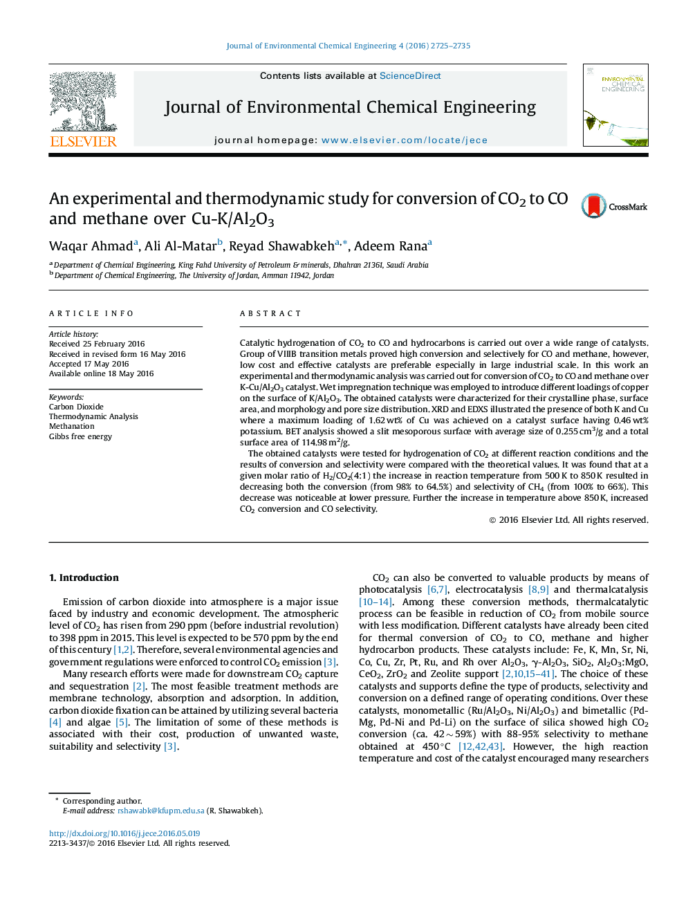 An experimental and thermodynamic study for conversion of CO2 to CO and methane over Cu-K/Al2O3