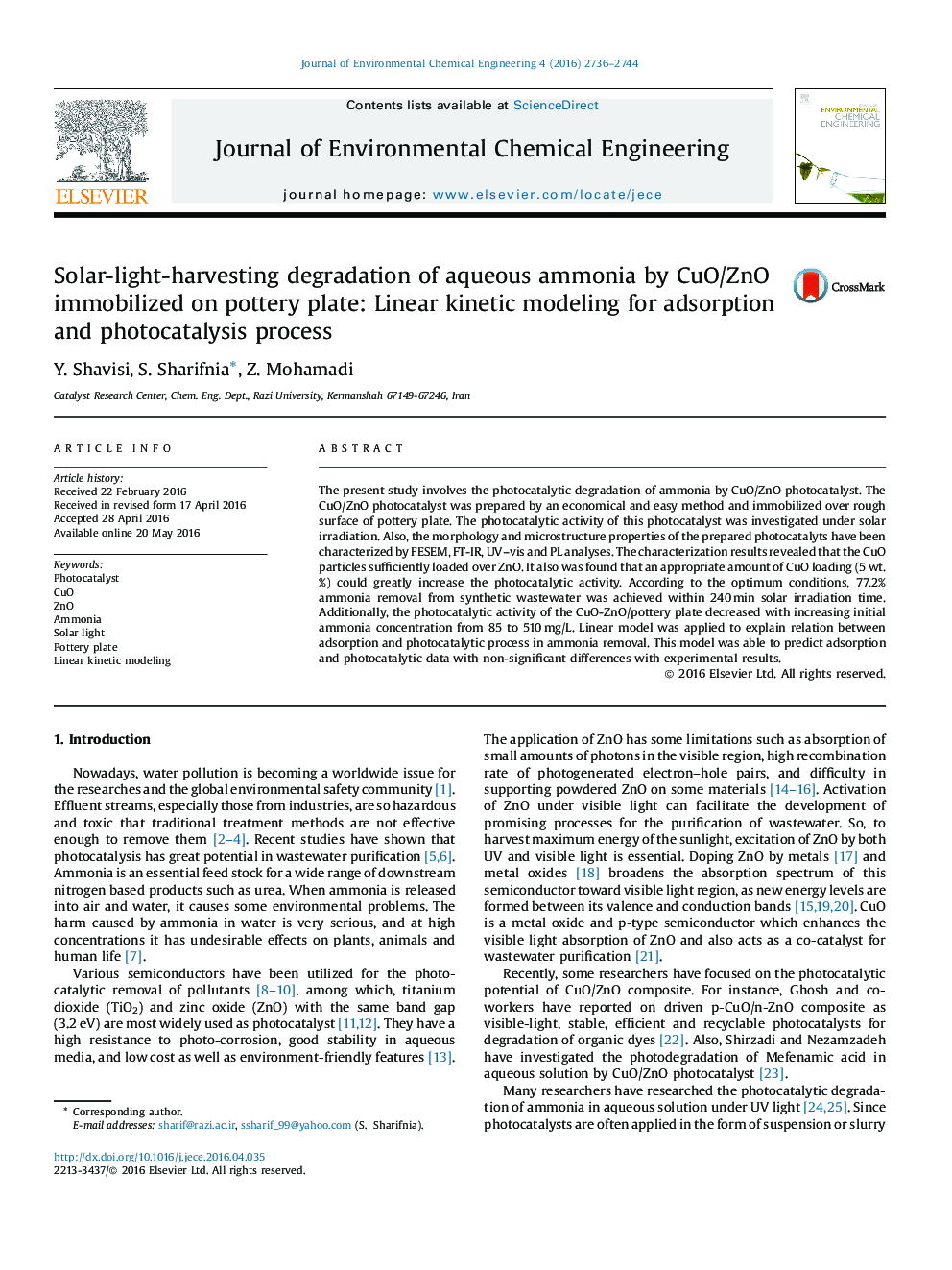 Solar-light-harvesting degradation of aqueous ammonia by CuO/ZnO immobilized on pottery plate: Linear kinetic modeling for adsorption and photocatalysis process