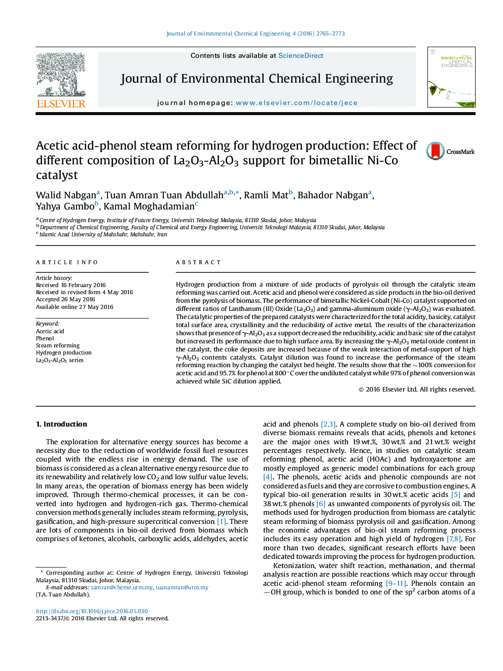 Acetic acid-phenol steam reforming for hydrogen production: Effect of different composition of La2O3-Al2O3 support for bimetallic Ni-Co catalyst