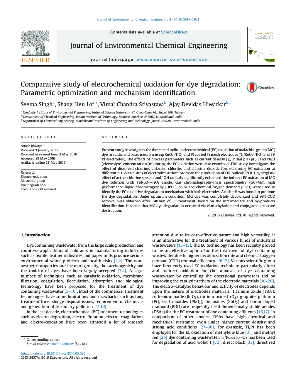 Comparative study of electrochemical oxidation for dye degradation: Parametric optimization and mechanism identification