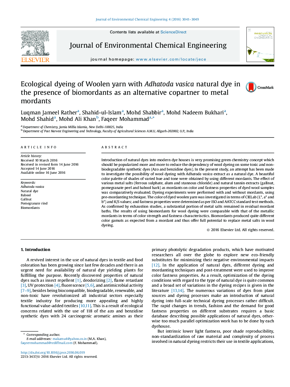 Ecological dyeing of Woolen yarn with Adhatoda vasica natural dye in the presence of biomordants as an alternative copartner to metal mordants