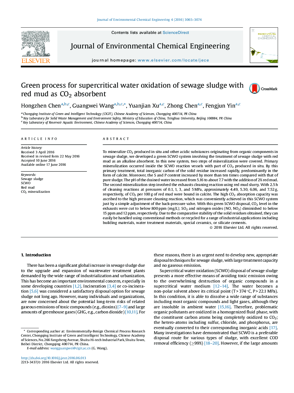 Green process for supercritical water oxidation of sewage sludge with red mud as CO2 absorbent