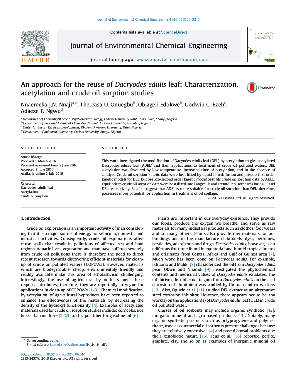 An approach for the reuse of Dacryodes edulis leaf: Characterization, acetylation and crude oil sorption studies