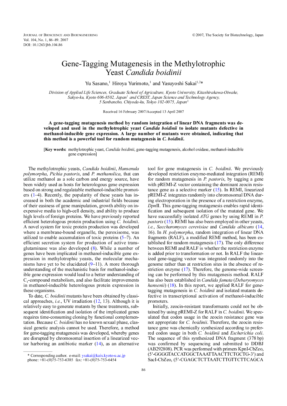 Gene-tagging mutagenesis in the methylotrophic yeast Candida boidinii