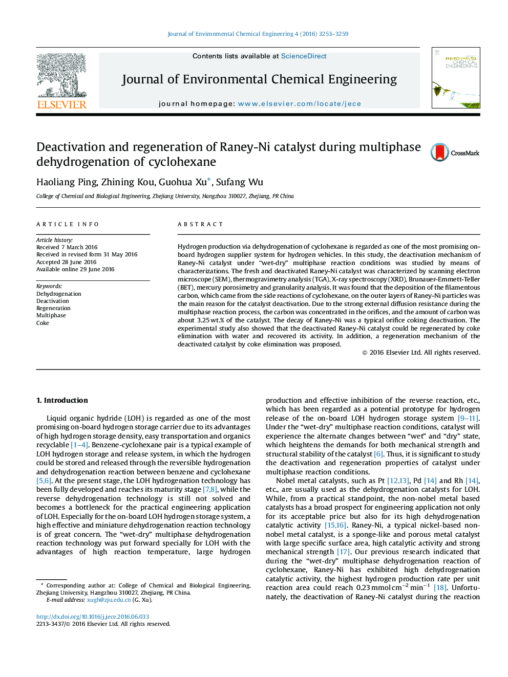 Deactivation and regeneration of Raney-Ni catalyst during multiphase dehydrogenation of cyclohexane