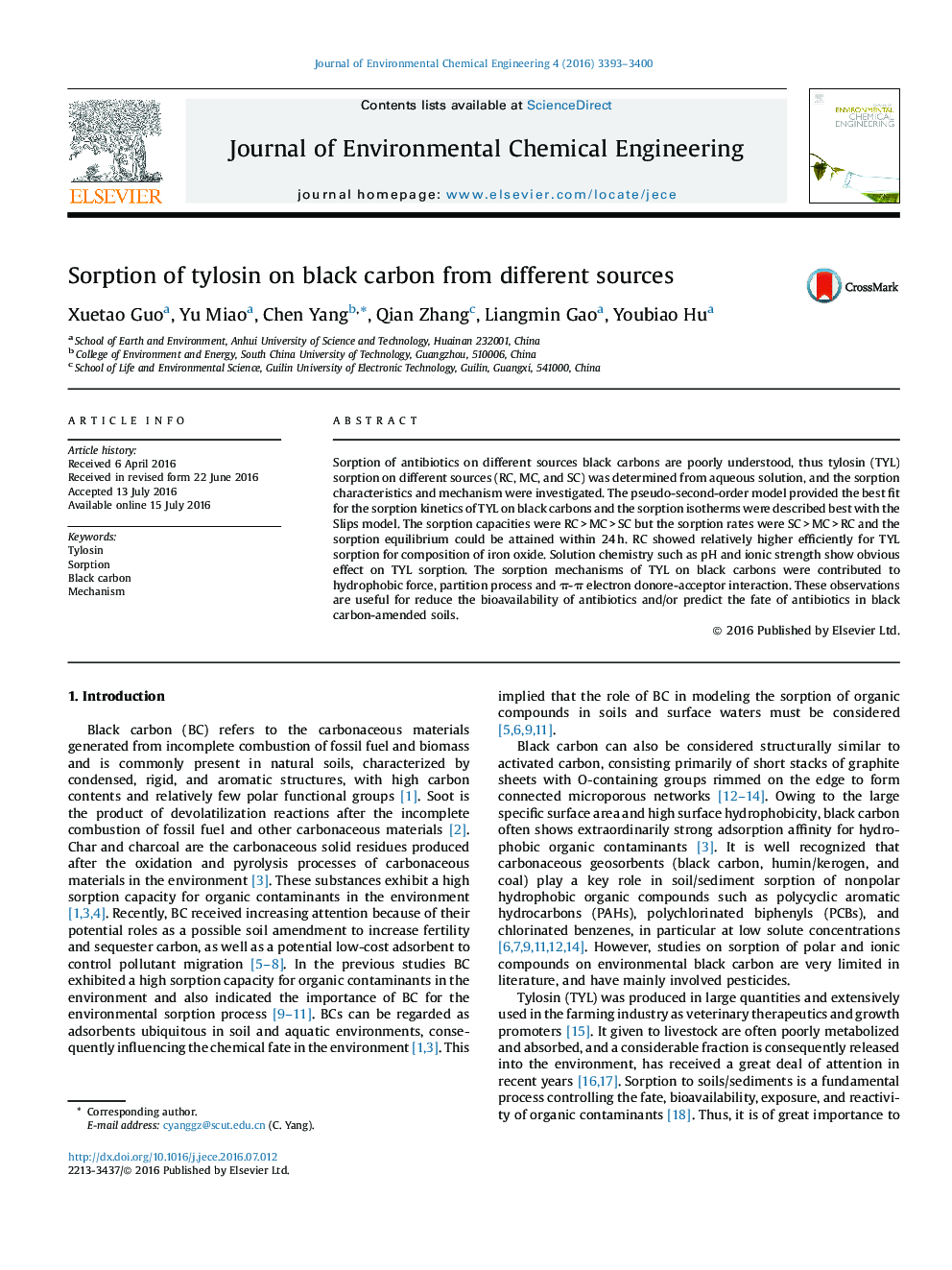 Sorption of tylosin on black carbon from different sources