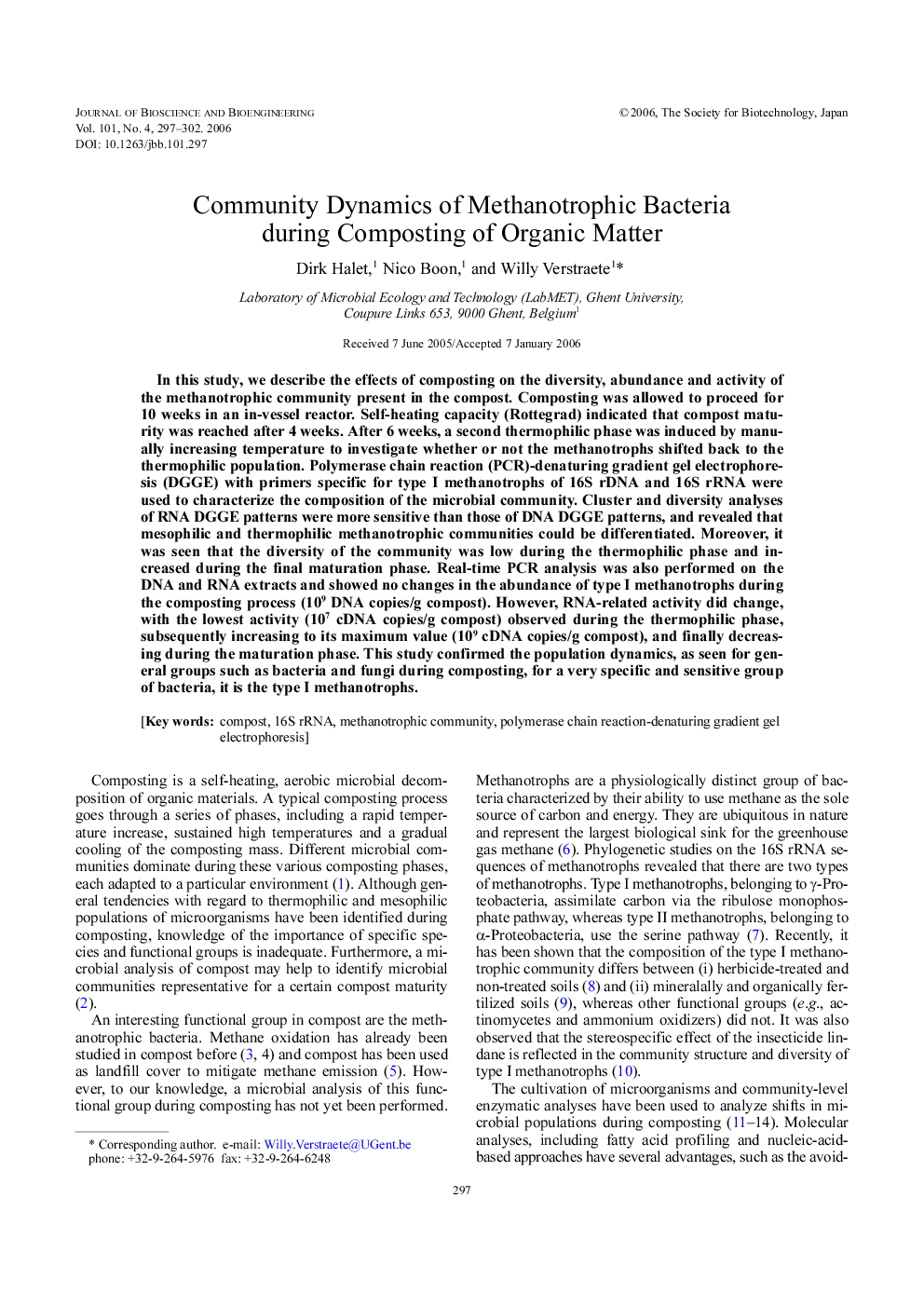 Community dynamics of methanotrophic bacteria during composting of organic matter