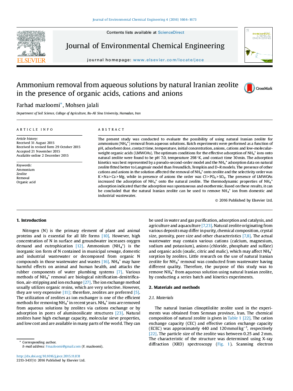 Ammonium removal from aqueous solutions by natural Iranian zeolite in the presence of organic acids, cations and anions