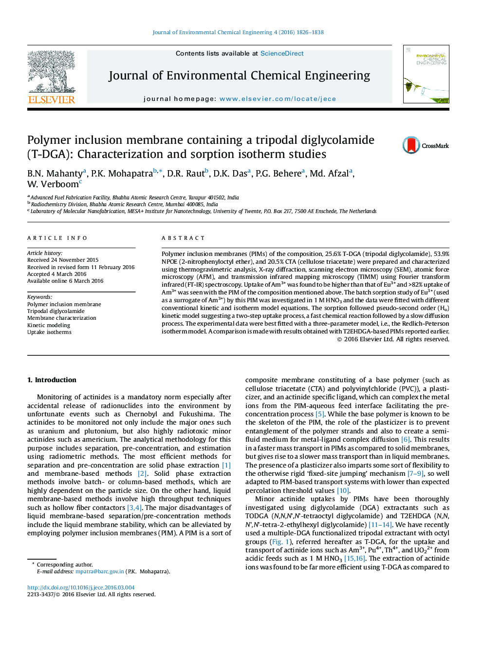 غشاء پوشش پلیمری حاوی یک diglycolamide سه گانه (T-DGA): مطالعات ایزوترم تشخیص و جذب