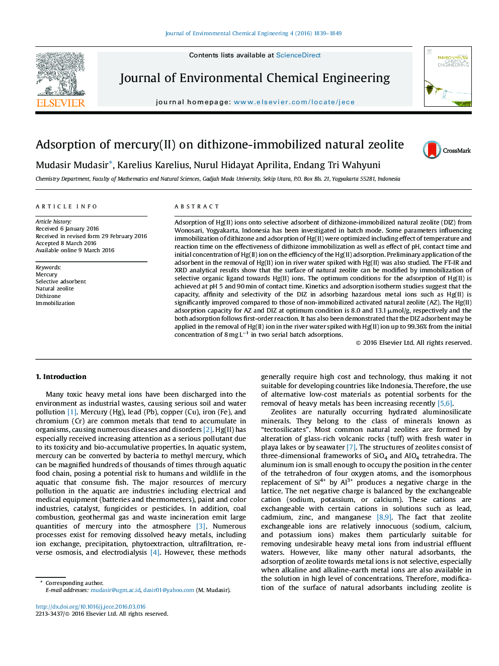 Adsorption of mercury(II) on dithizone-immobilized natural zeolite