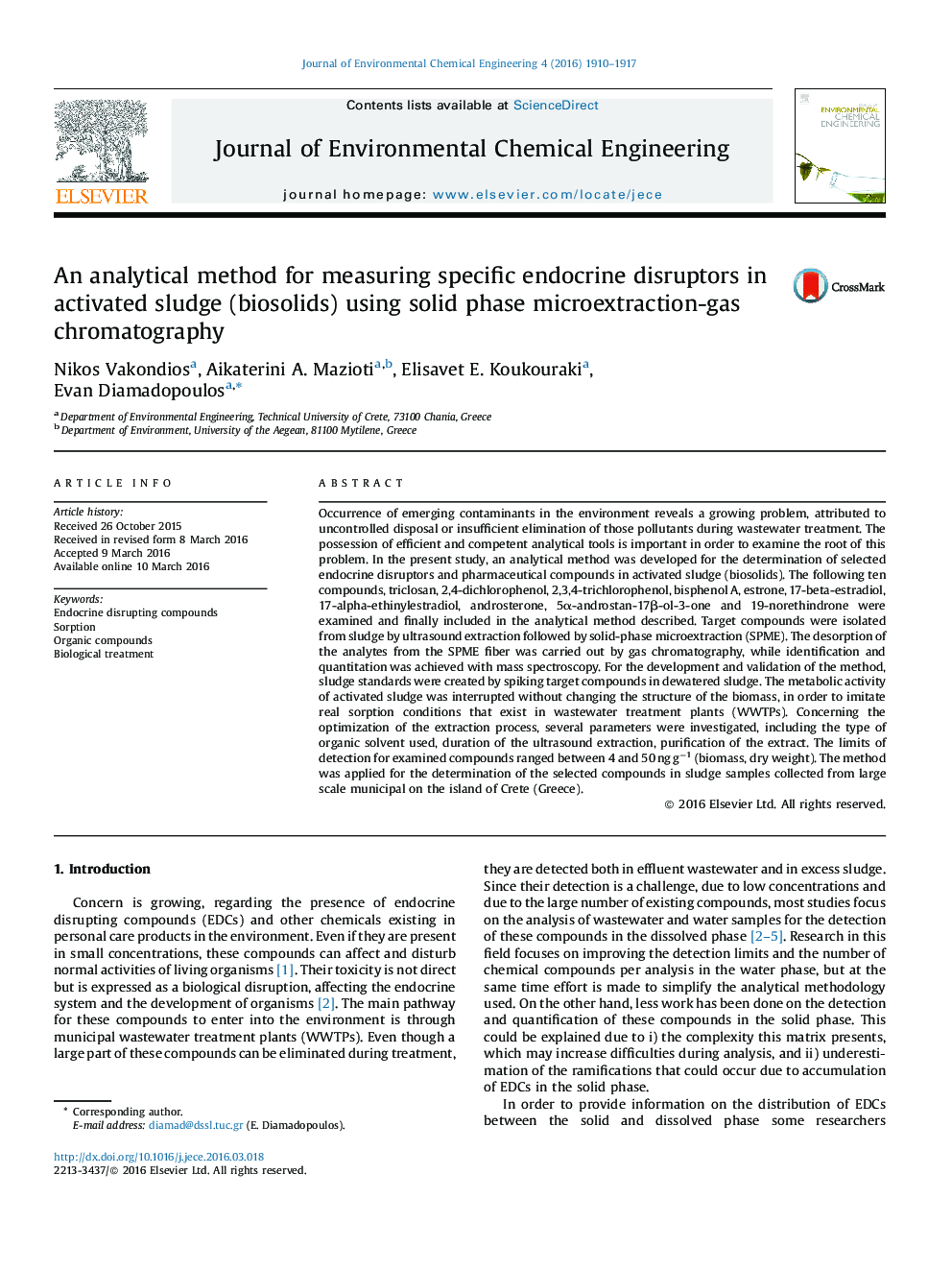 An analytical method for measuring specific endocrine disruptors in activated sludge (biosolids) using solid phase microextraction-gas chromatography