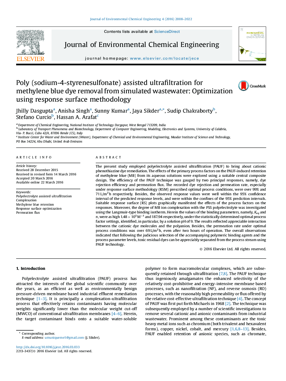 Poly (sodium-4-styrenesulfonate) assisted ultrafiltration for methylene blue dye removal from simulated wastewater: Optimization using response surface methodology