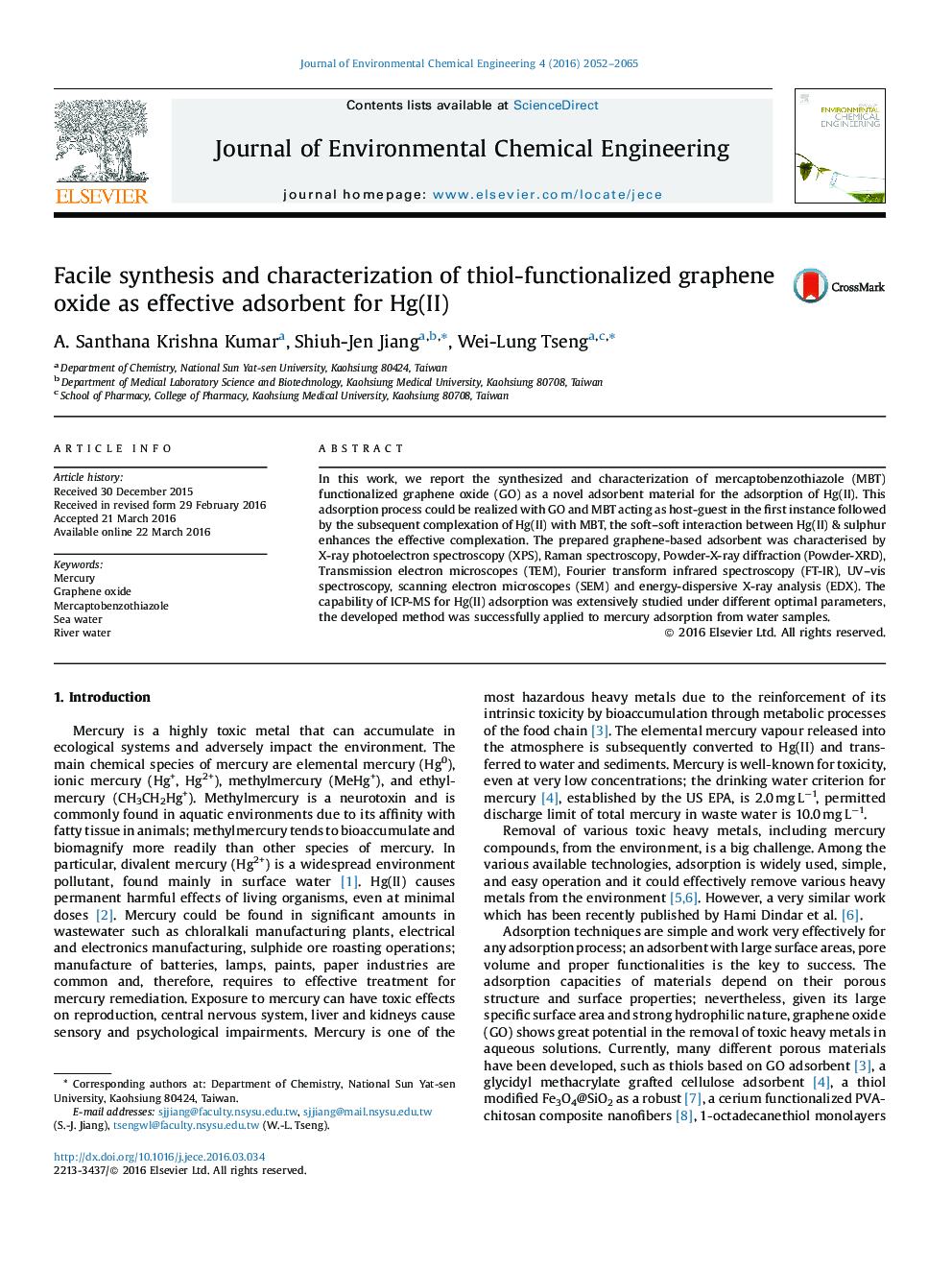 سنتز چسبندگی و شناسایی اکسید گرافن عاملدار تیئول به عنوان جاذب مؤثر برای Hg (II)
