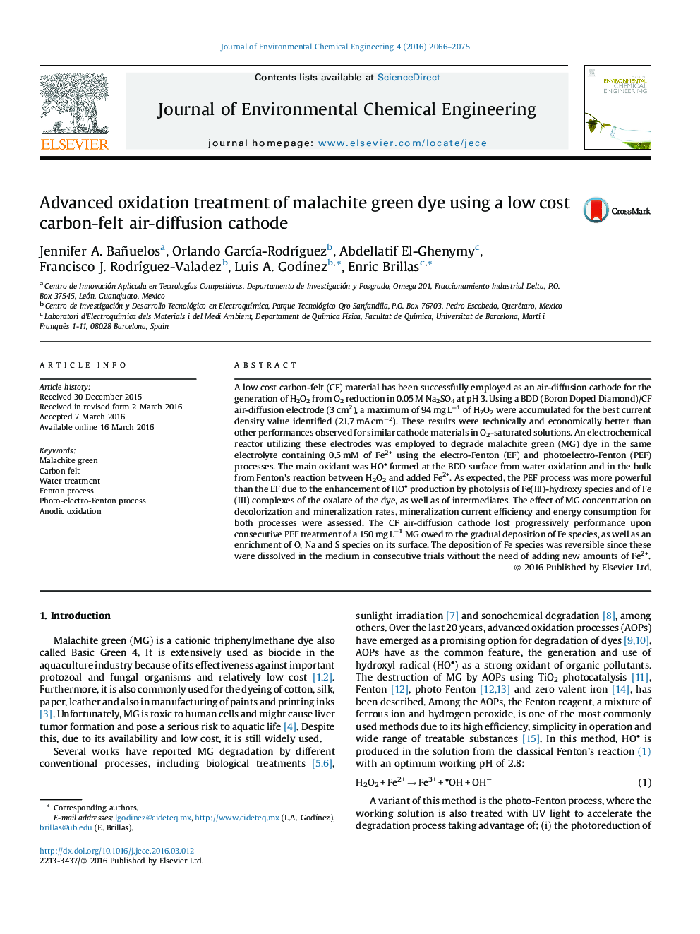 Advanced oxidation treatment of malachite green dye using a low cost carbon-felt air-diffusion cathode