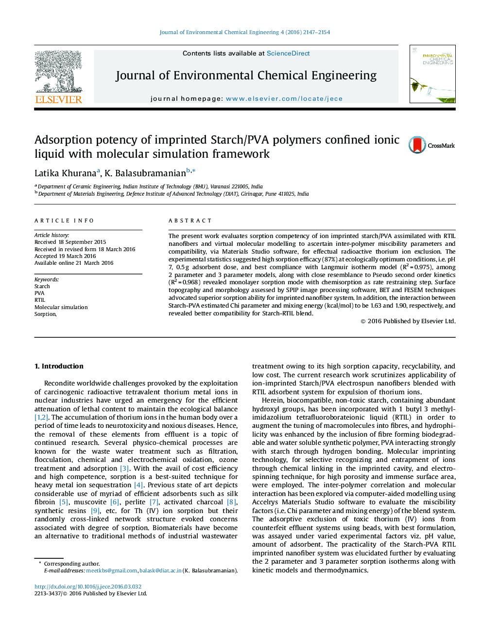 Adsorption potency of imprinted Starch/PVA polymers confined ionic liquid with molecular simulation framework