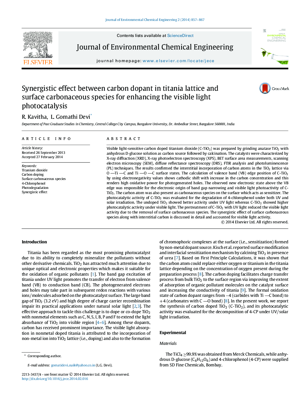 اثر هم افزایی بین دوز کربن در شبکه های تیتانیایی و گونه های کربن سطحی برای افزایش فوتوکاتالیز نور مرئی 