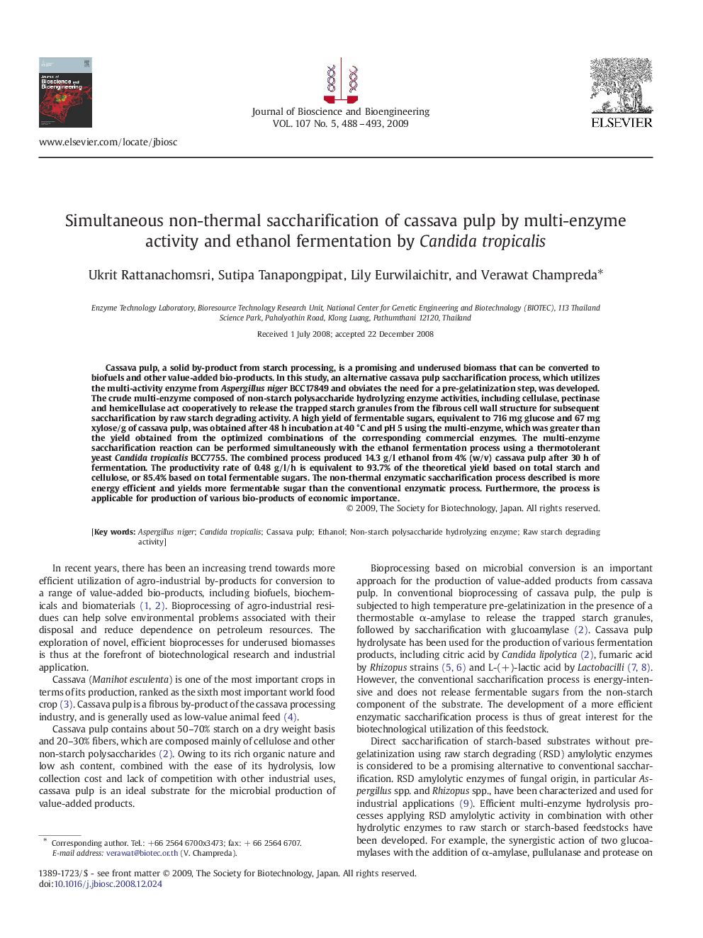 Simultaneous non-thermal saccharification of cassava pulp by multi-enzyme activity and ethanol fermentation by Candida tropicalis