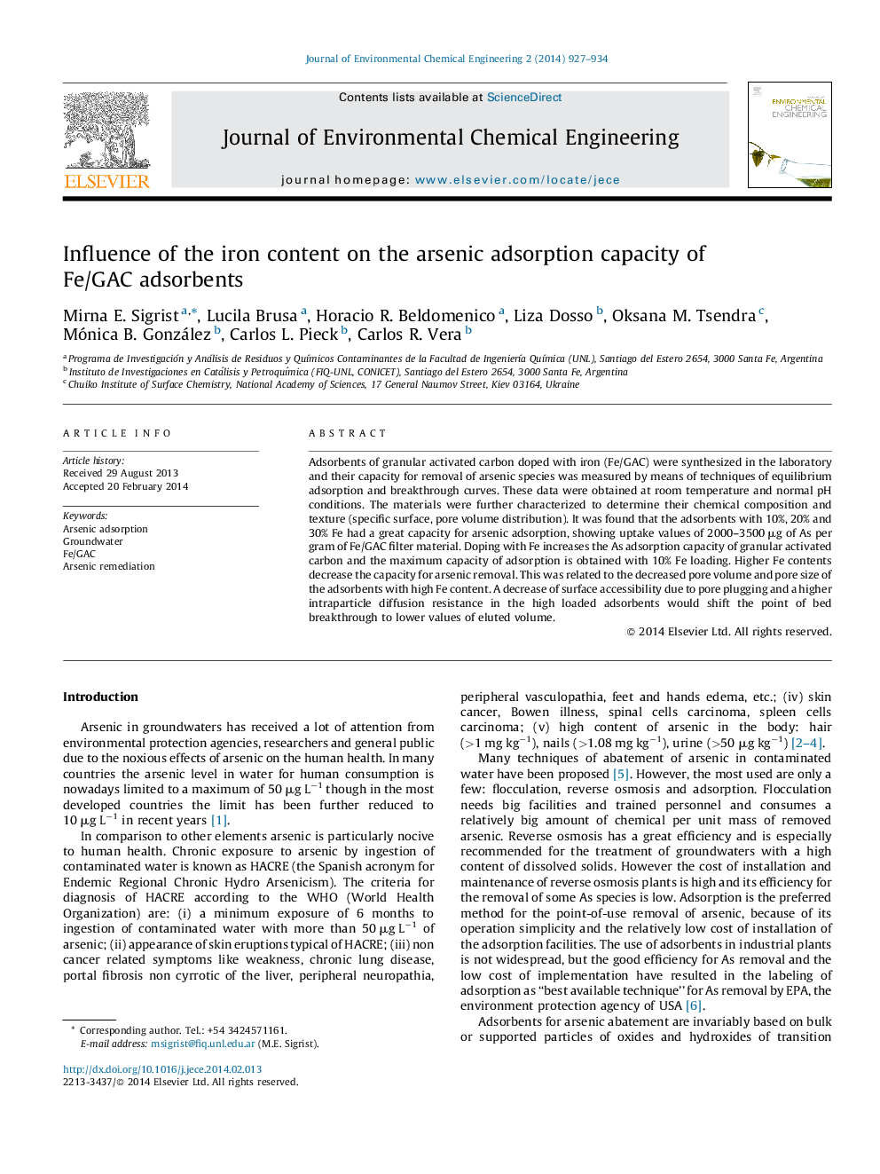 Influence of the iron content on the arsenic adsorption capacity of Fe/GAC adsorbents