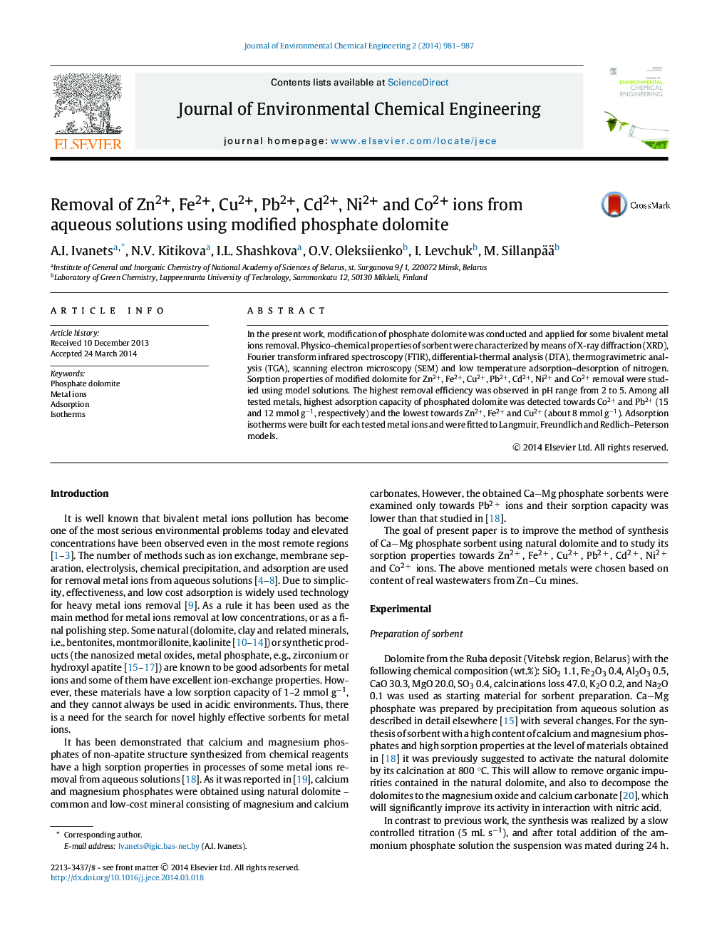 Removal of Zn2+, Fe2+, Cu2+, Pb2+, Cd2+, Ni2+ and Co2+ ions from aqueous solutions using modified phosphate dolomite