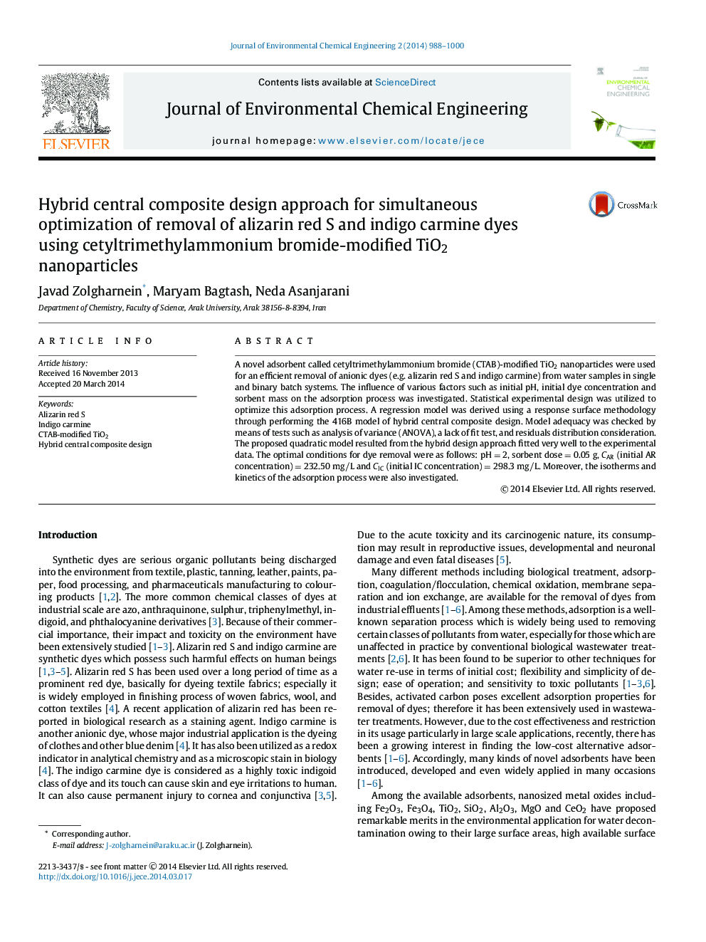 Hybrid central composite design approach for simultaneous optimization of removal of alizarin red S and indigo carmine dyes using cetyltrimethylammonium bromide-modified TiO2 nanoparticles