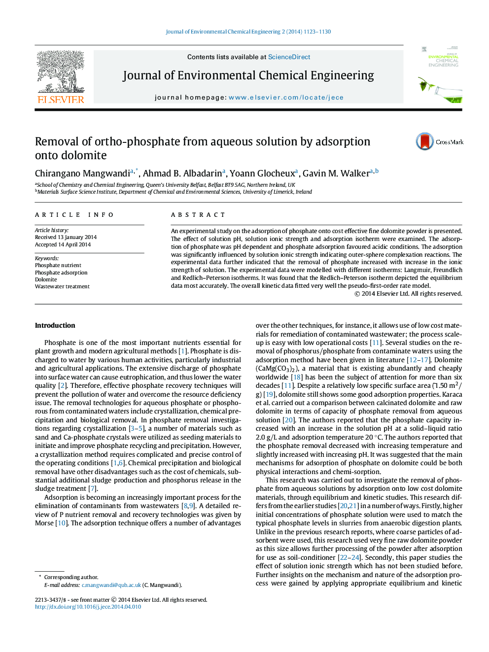 Removal of ortho-phosphate from aqueous solution by adsorption onto dolomite