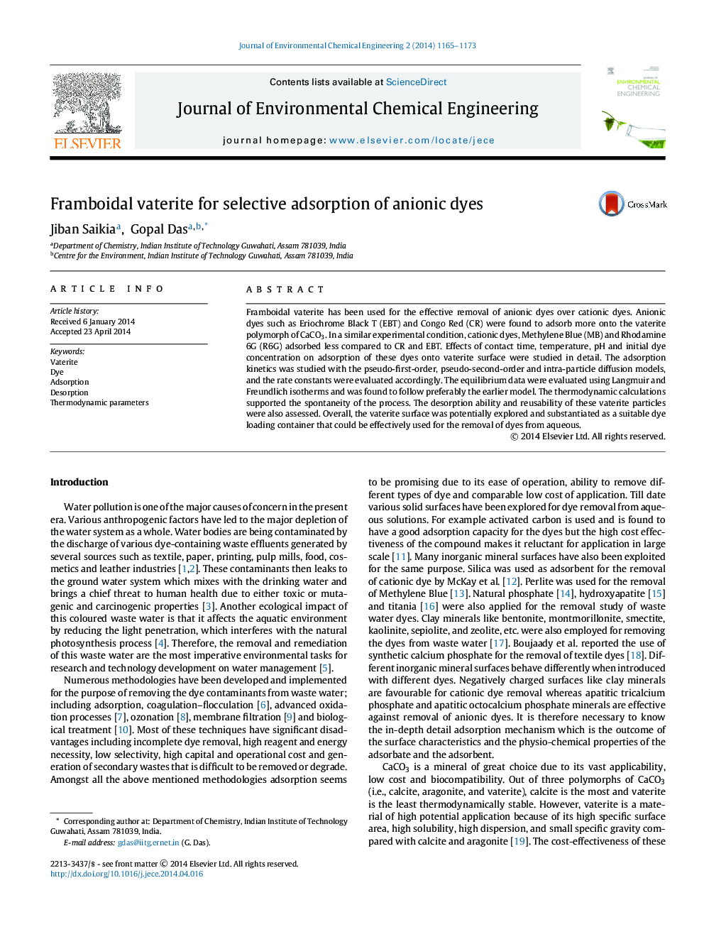 Framboidal vaterite for selective adsorption of anionic dyes