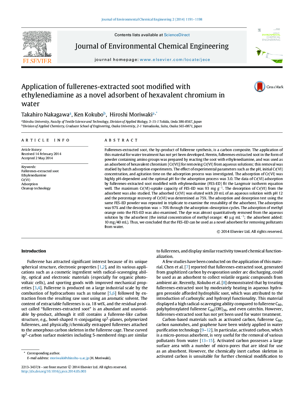 Application of fullerenes-extracted soot modified with ethylenediamine as a novel adsorbent of hexavalent chromium in water