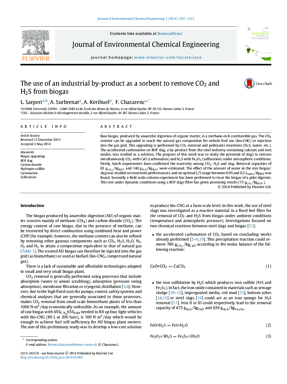 The use of an industrial by-product as a sorbent to remove CO2 and H2S from biogas