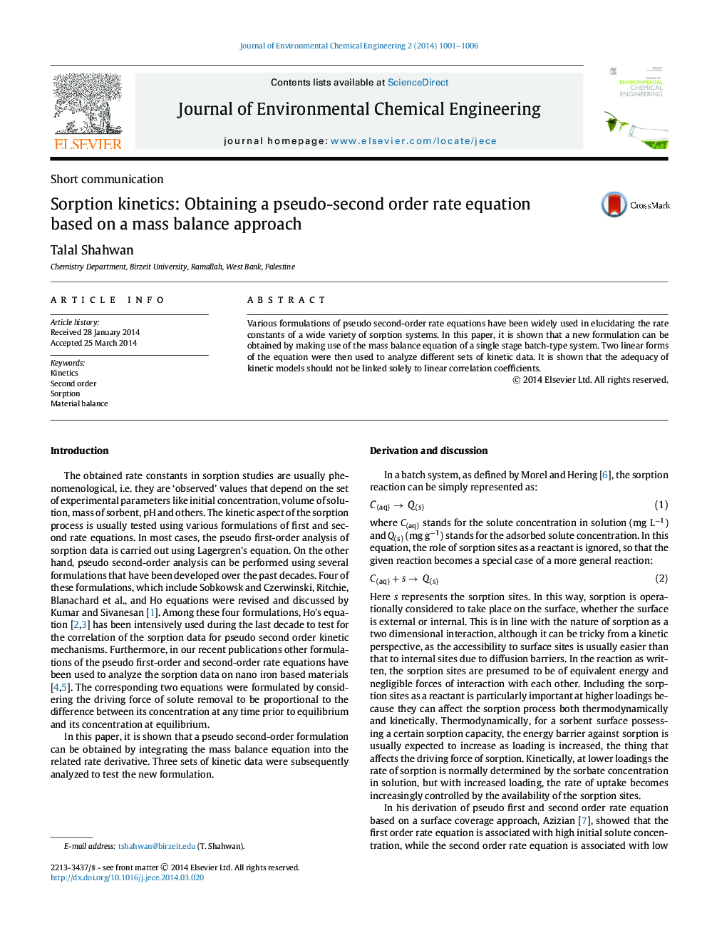 Sorption kinetics: Obtaining a pseudo-second order rate equation based on a mass balance approach