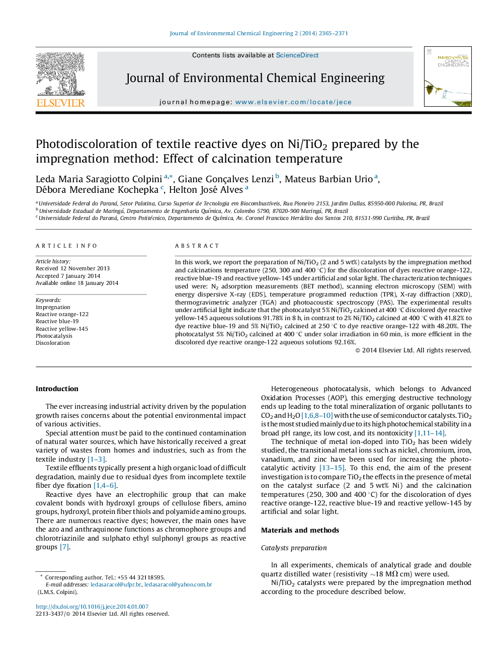 Photodiscoloration of textile reactive dyes on Ni/TiO2 prepared by the impregnation method: Effect of calcination temperature