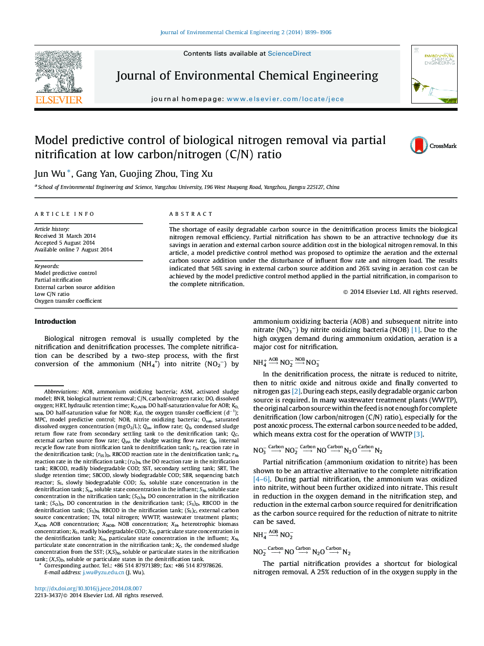 Model predictive control of biological nitrogen removal via partial nitrification at low carbon/nitrogen (C/N) ratio