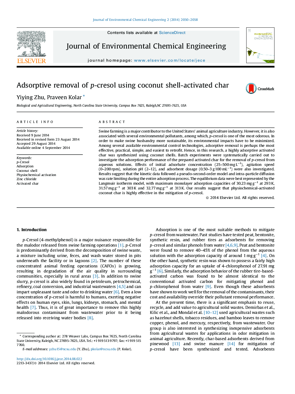 Adsorptive removal of p-cresol using coconut shell-activated char