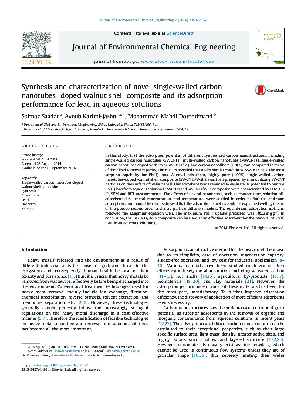 Synthesis and characterization of novel single-walled carbon nanotubes- doped walnut shell composite and its adsorption performance for lead in aqueous solutions