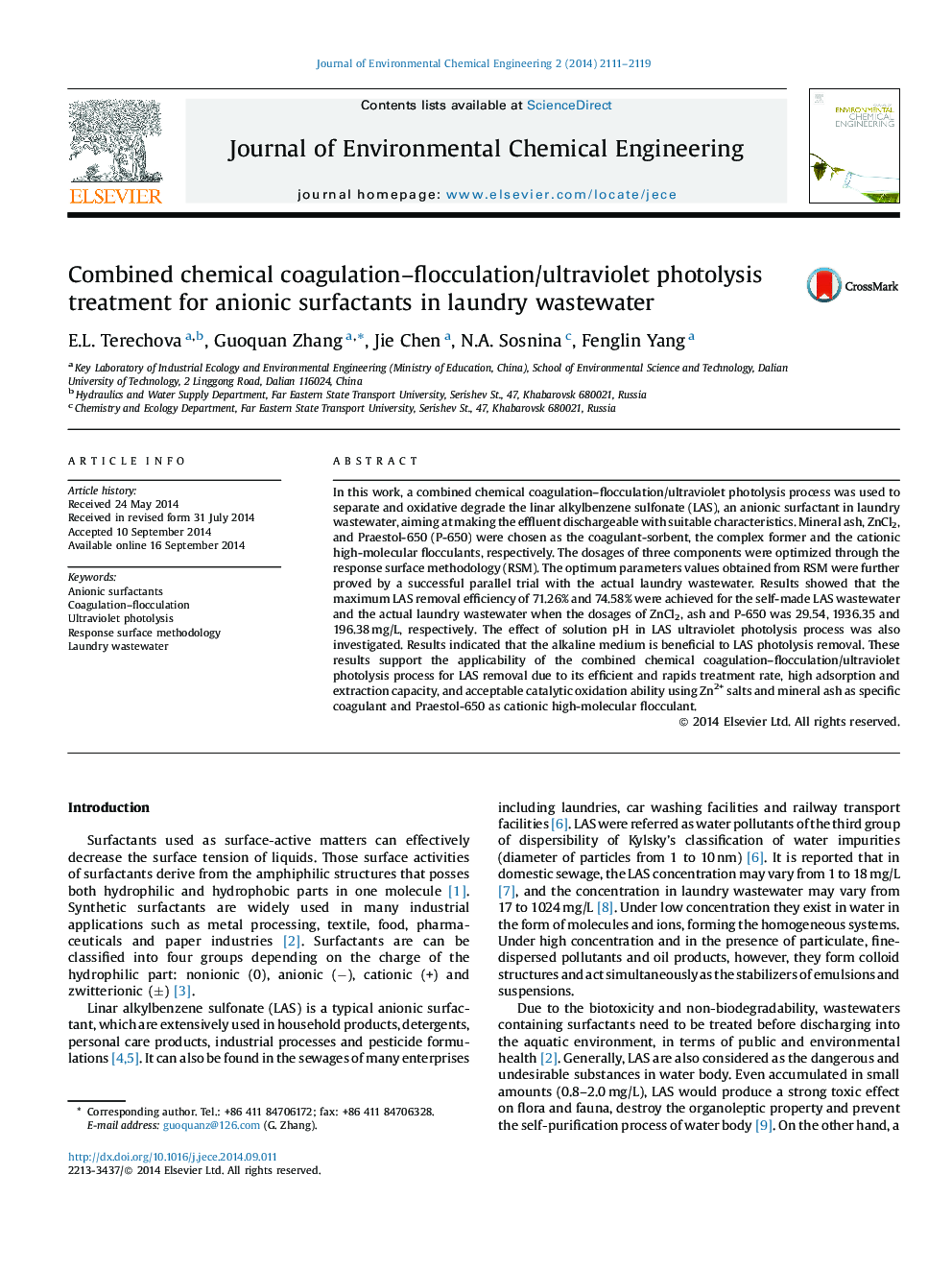 Combined chemical coagulation–flocculation/ultraviolet photolysis treatment for anionic surfactants in laundry wastewater