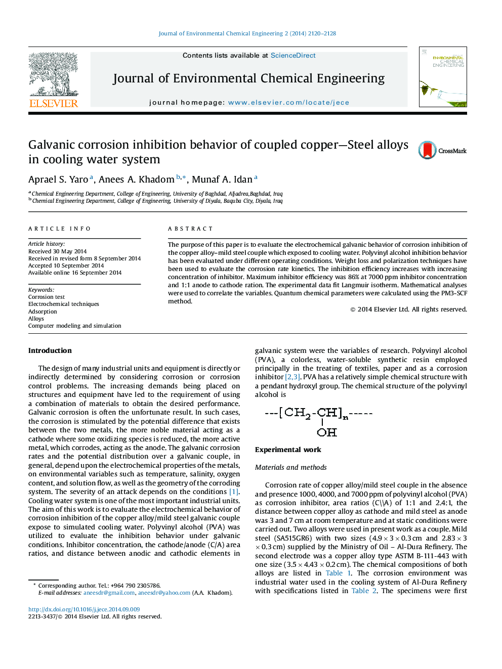 Galvanic corrosion inhibition behavior of coupled copper—Steel alloys in cooling water system