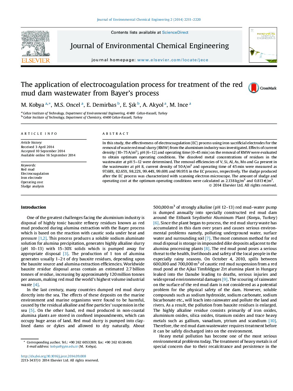 The application of electrocoagulation process for treatment of the red mud dam wastewater from Bayer’s process