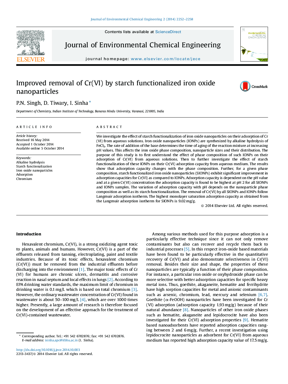 Improved removal of Cr(VI) by starch functionalized iron oxide nanoparticles