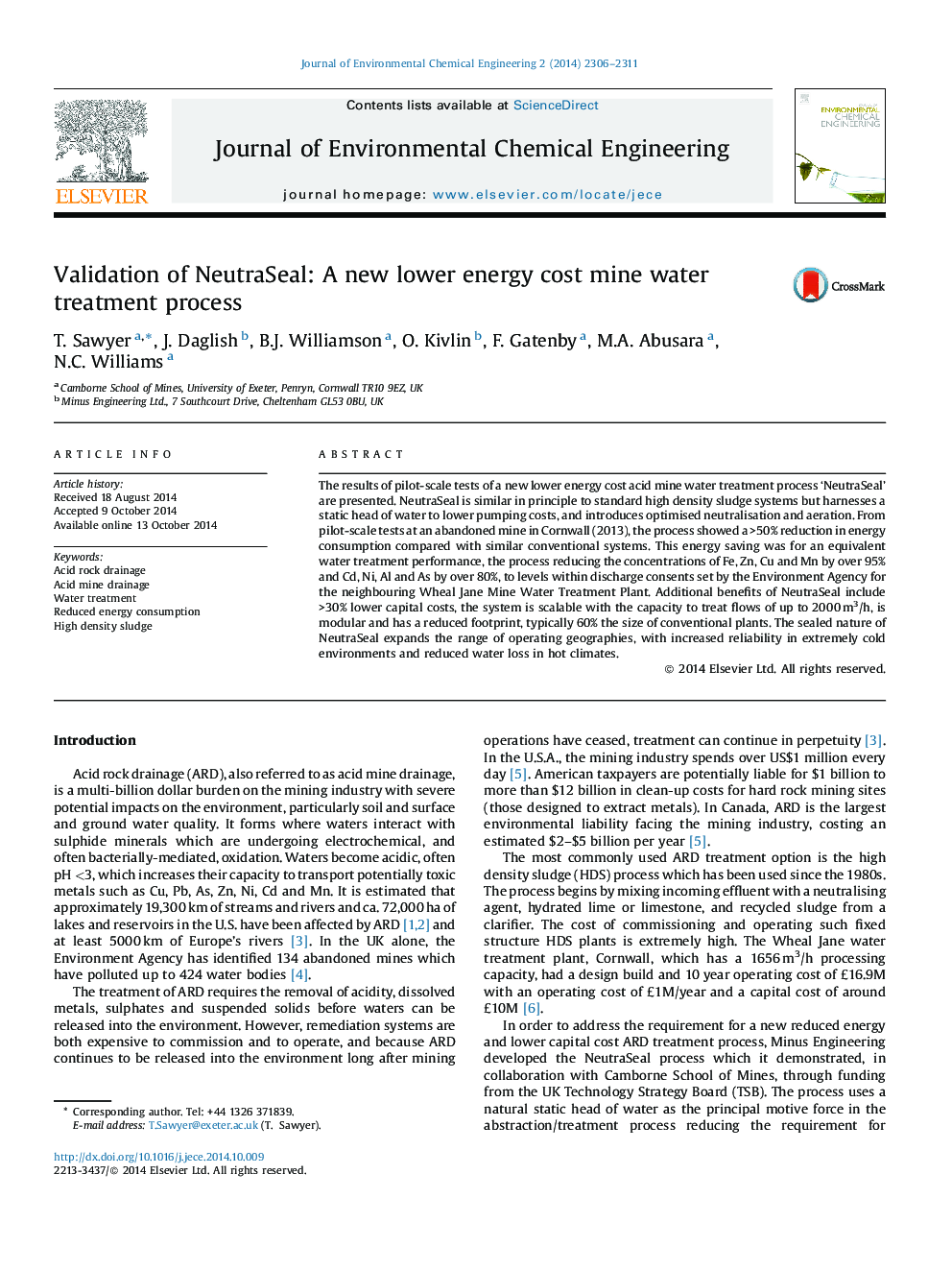 Validation of NeutraSeal: A new lower energy cost mine water treatment process